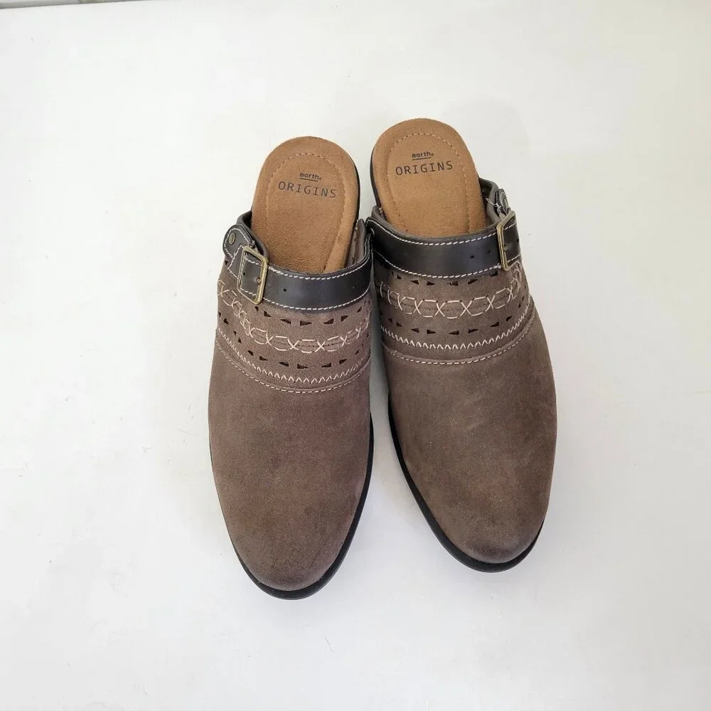 Earth Origins Brown Buckle Suede Clogs Women’s Size 10M With Embroidered Detaili - Picture 6 of 8
